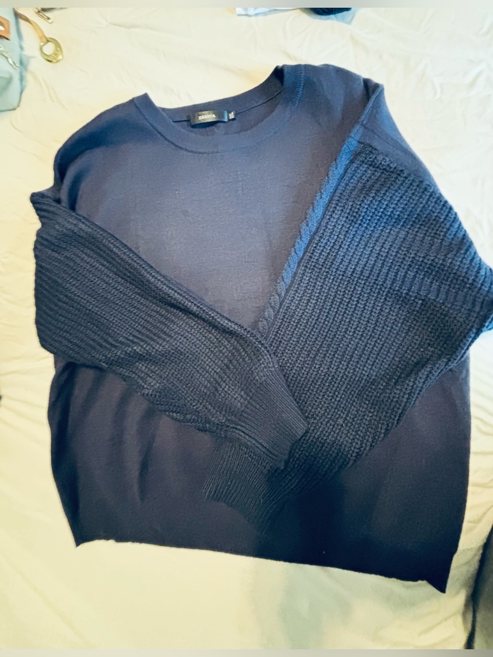 Women Dark Navy Crewneck Sweater with Textured Sleeves